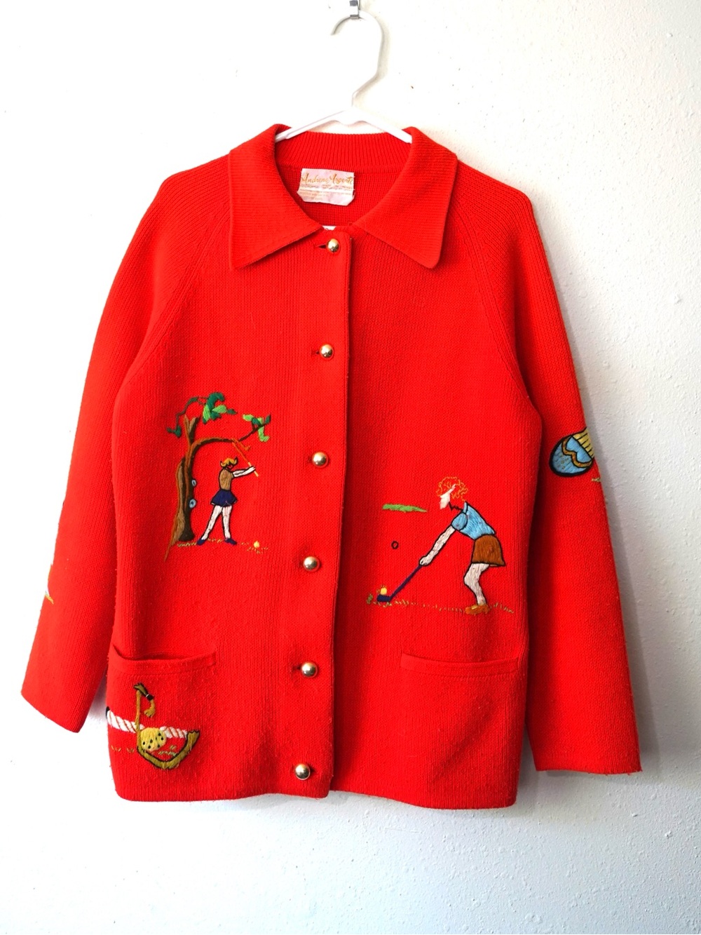 Vintage 70s Andreno Angenti Womens L Red Embroidered Golf Sweater Cardigan Prepp